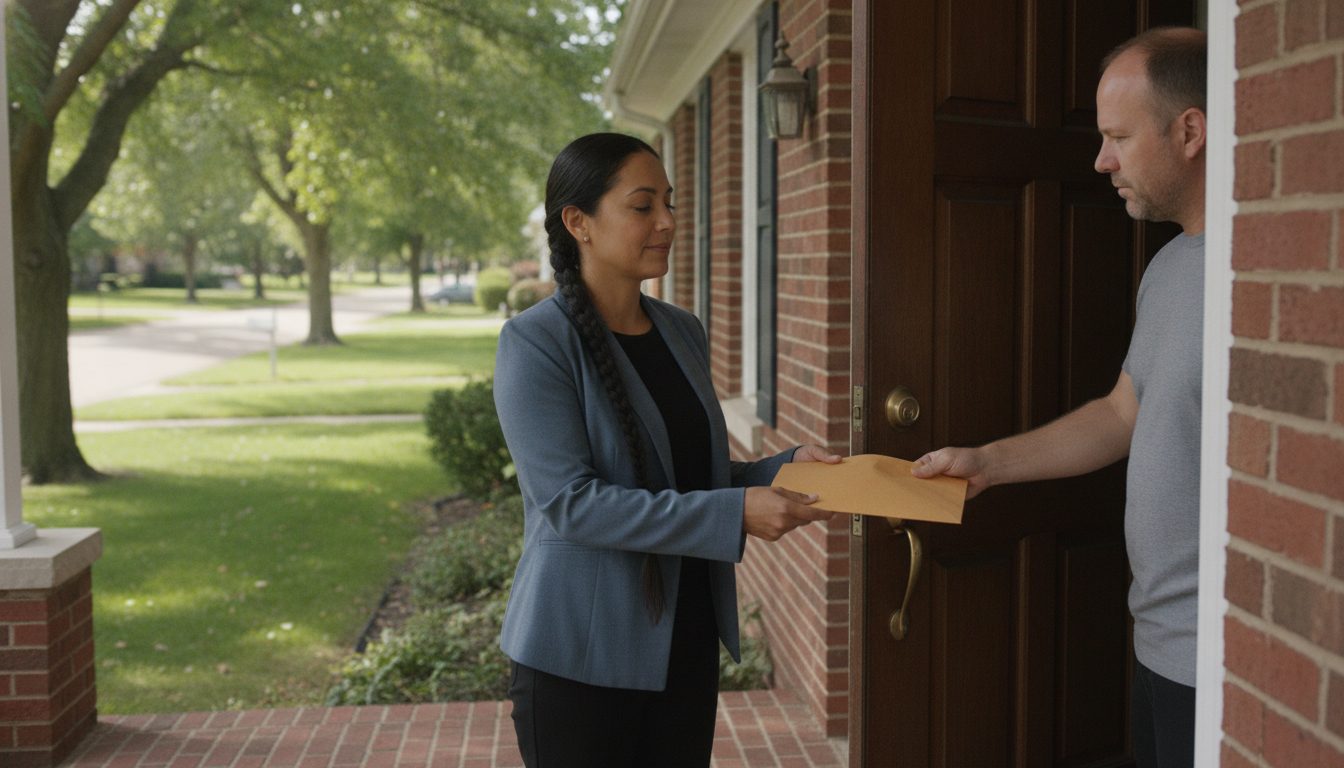 A process server calmly hands an envelope of papers to a man at his front door on a sunny day.