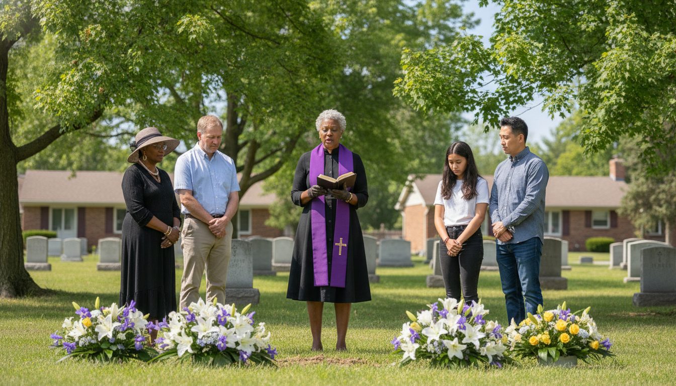 A chaplain in a stole reads at a graveside service under a bright sky as a family stands among flowers.